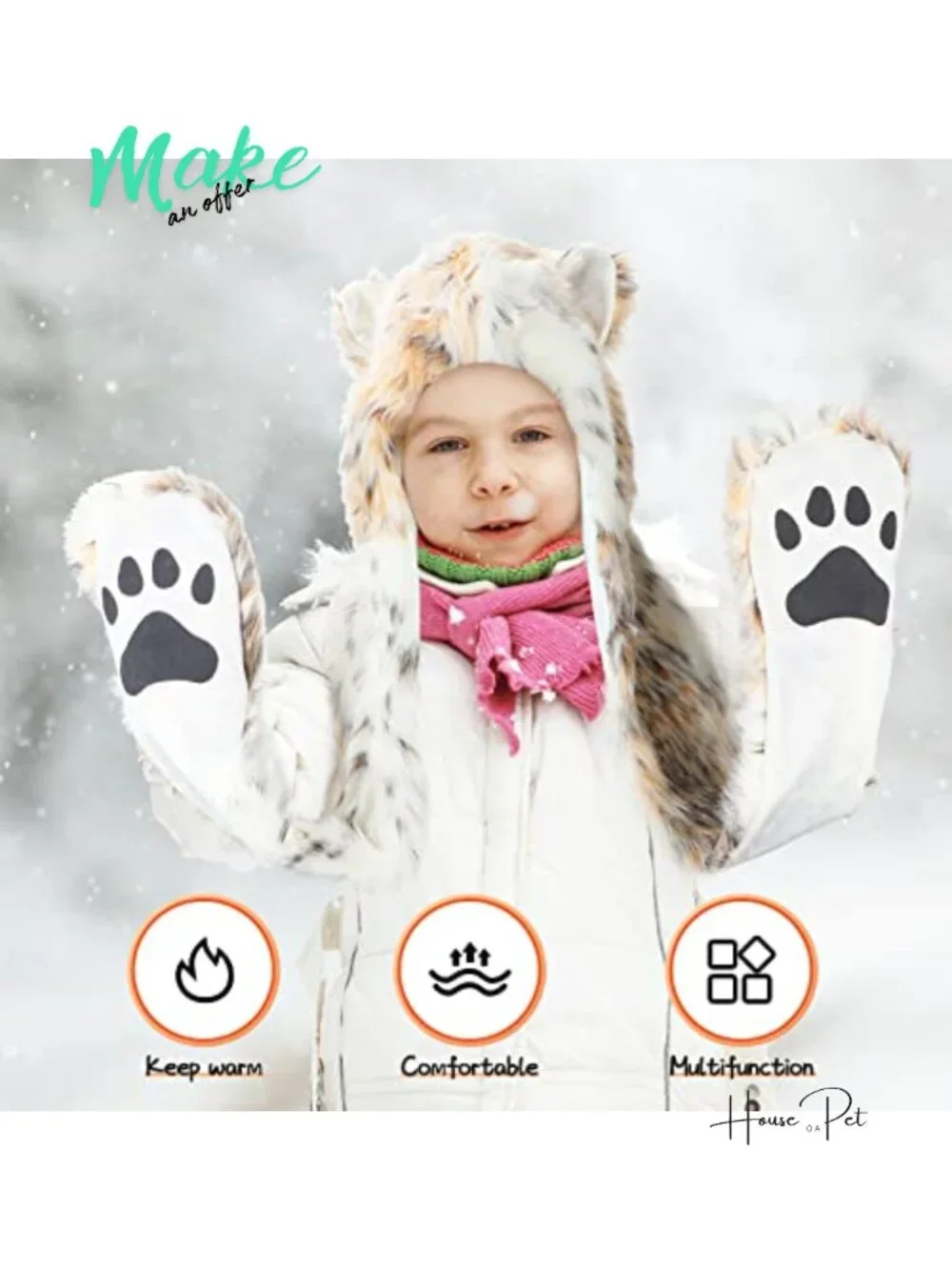 Faux Fur Animal Hooded Scarf with Paw Mittens Winter Warm Plush Beanie